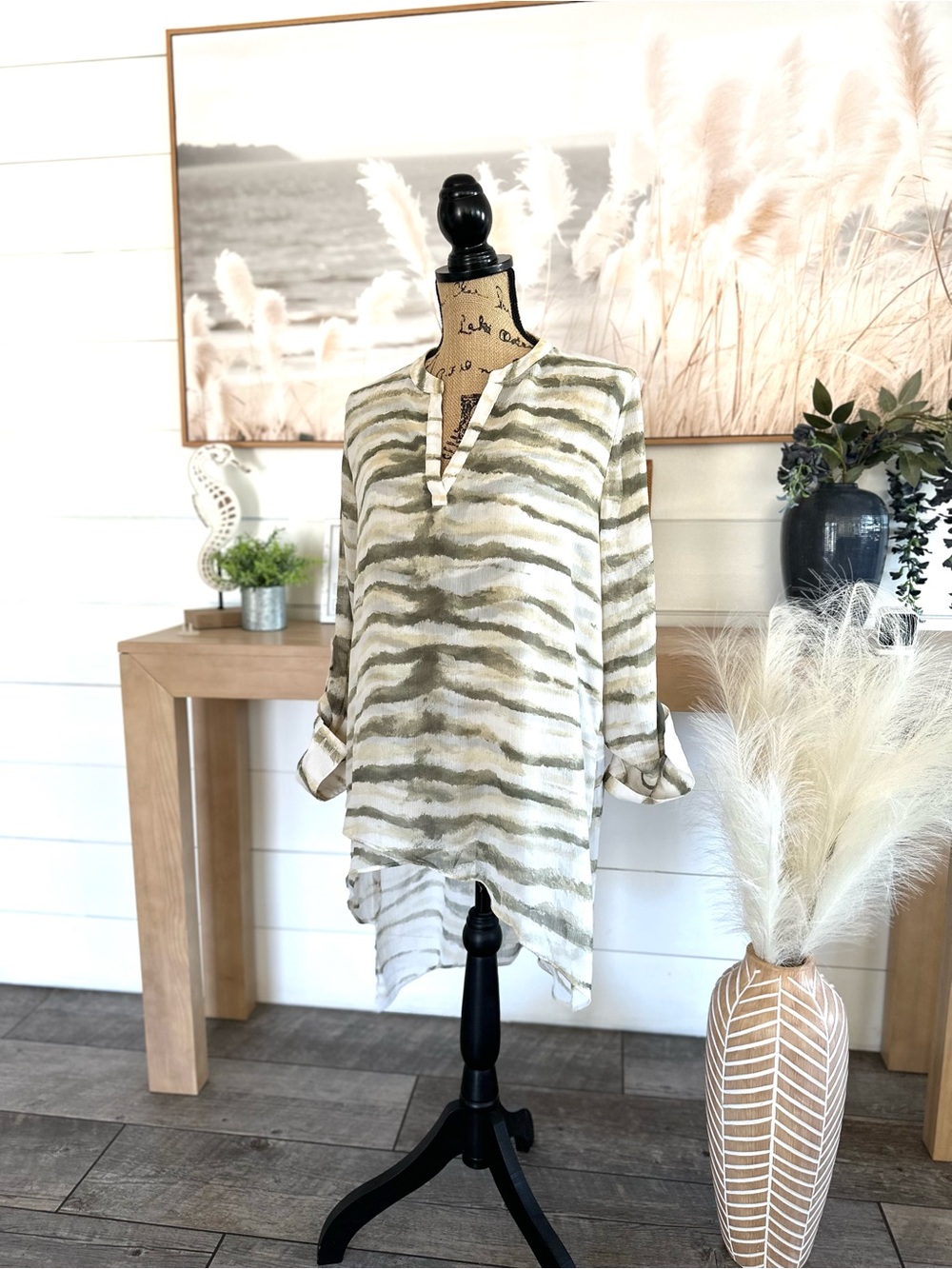 Chico's Olive and Cream Striped Tunic